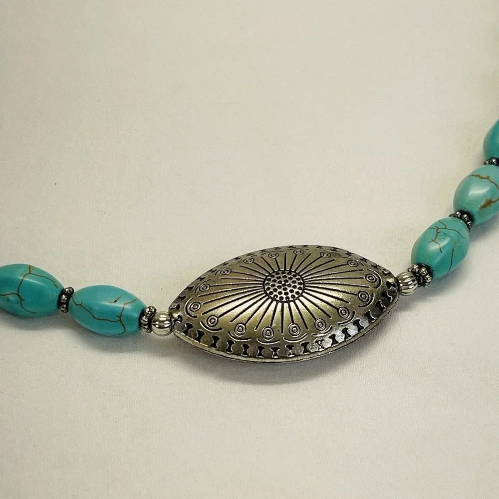 Western Necklace Turquoise Look Blue Elongated Beads Silver Tone Pendant Western